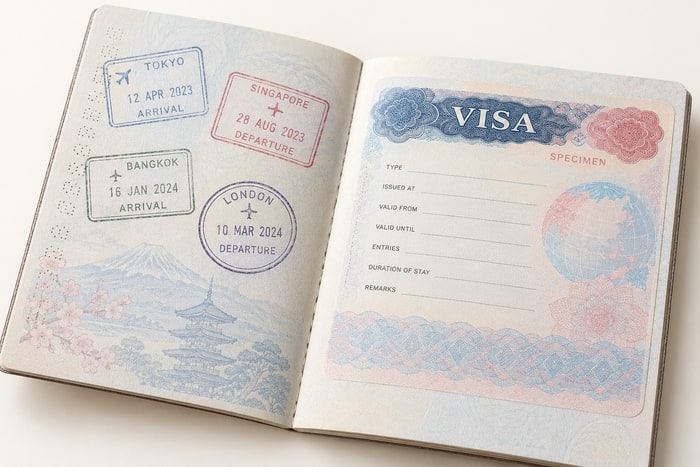 Open passport with a sample travel visa